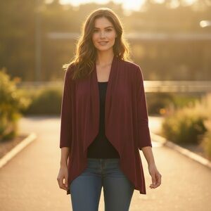 Burgundy Open Fromt 3/4 Sleeve Jersey Cardigan petite xl